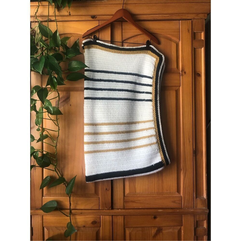 Handmade Crochet Throw Blanket White Navy Mustard Striped 34x58